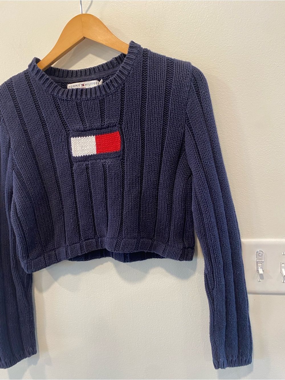 Vintage Y2K Tommy Hilfiger cropped ribbed knit sweater women’s xs flag logo - Picture 3 of 8